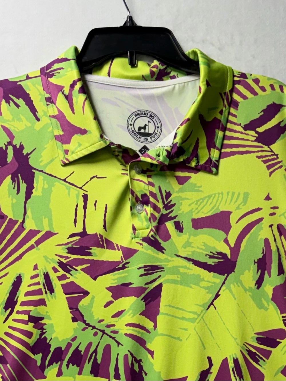 Proud 90 Golf Shirt Mens Size 2XL Neon Green Purple Hawaiian Miami Vice Vibes
